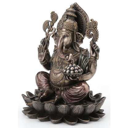 Veronese Design 9 7/8 Inch Lord Ganesha Sitting on Lotus Hindu God Antique Bronze Finish Resin Statue