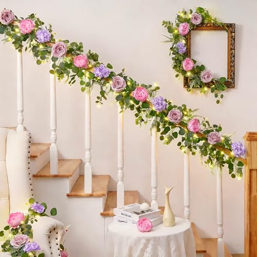 Livole 2Pcs 12 Ft Flower Garland with Light, Pink Peony Floral Garland - color: Pink With Light, size: 2Pcs