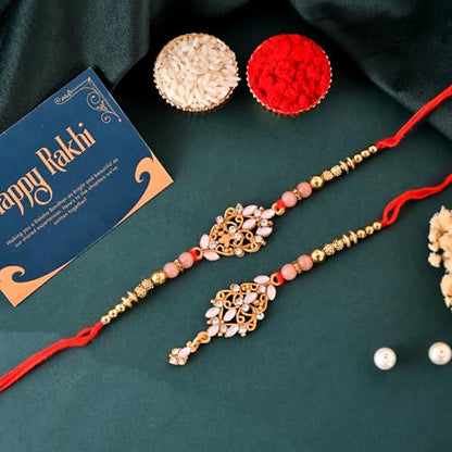 Premium Designer Bhaiya Bhabhi Rakhi Set with Lumba, Greeting Card, Roli Chawal & Fridge Magnet - color: Design-2