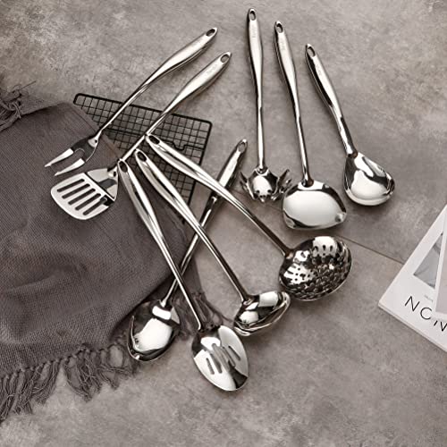 304 Stainless Steel Kitchen Utensil Set - 9 PCS Serving Utensils, Cooking Utensil, Solid Spoon, Slotted Spoon, Fork, Spatula, Ladle, Skimmer Spoon, Slotted Spatula Tunner, Spaghetti Spoon, Large Spoon - color: Sliver