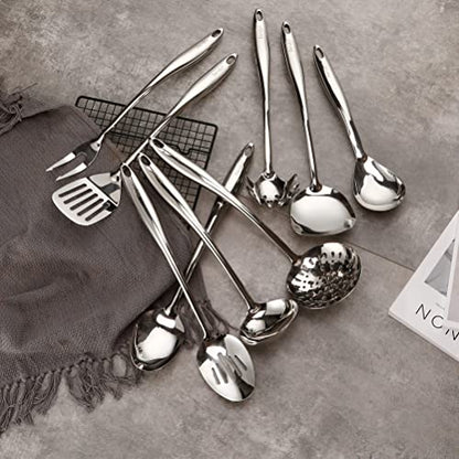 304 Stainless Steel Kitchen Utensil Set - 9 PCS Serving Utensils, Cooking Utensil, Solid Spoon, Slotted Spoon, Fork, Spatula, Ladle, Skimmer Spoon, Slotted Spatula Tunner, Spaghetti Spoon, Large Spoon - color: Sliver