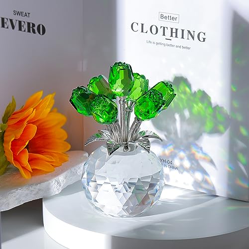 Movdyka Green Crystal Rose Glass Flowers with Vase Figurine Home Decor - color: Green -Crystal Rose
