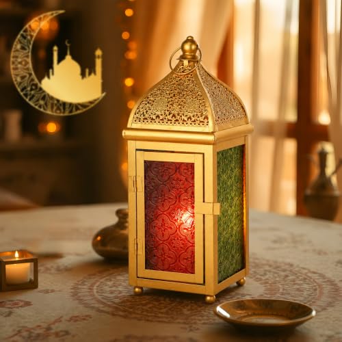 TRIROCKS 12 Inch Gold Moroccan Candle Lantern, Metal Hanging Candle Holder - size: 5*12"H