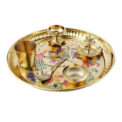 Decorative Brass Pooja Thali Set of 6 Pcs Brass Pooja 1 Plate with 1 Bowl 1 Diya 1 Spoon 1 Glass and 1 Incense Stand for Indian Traditional Festival Decorations Temple Home Bhog(Thali Size:-8") - size: 8 Inches
