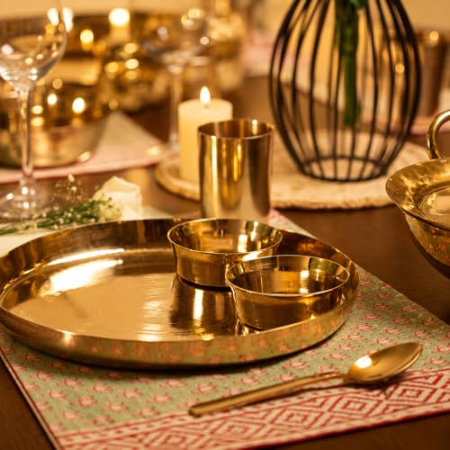 P•TAL Pure Kansa 5 Piece Dinner Thali Set | 100% Handcrafted Bronze Dinnerware | 11 Inch Thali, 2 Bowls, 1 Glass & 1 Spoon | Traditional Golden Indian Dining Set | Ayurvedic Bronze Utensils