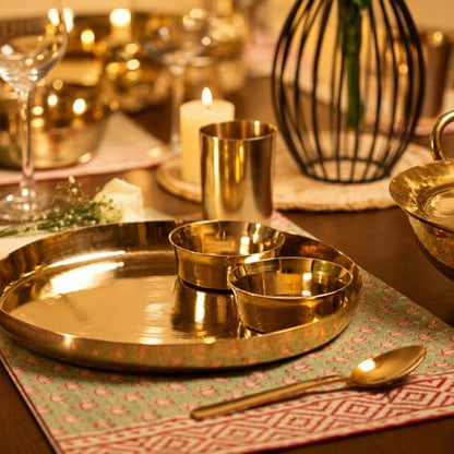 P•TAL Pure Kansa 5 Piece Dinner Thali Set | 100% Handcrafted Bronze Dinnerware | 11 Inch Thali, 2 Bowls, 1 Glass & 1 Spoon | Traditional Golden Indian Dining Set | Ayurvedic Bronze Utensils