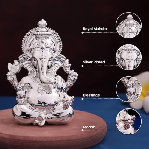 Ganesha Idol Ganesha Murti Ganpati Idol Handcrafted Ganesha Silver Plated Ganesha for CarDashboard Home Decor Puja Room Decorative Showpiece Gift Item (Silver Plated Vighnaharta Ganesha)