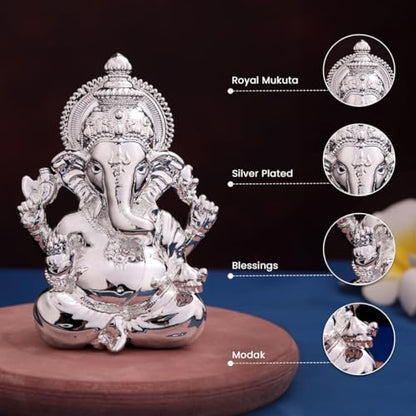 Ganesha Idol Ganesha Murti Ganpati Idol Handcrafted Ganesha Silver Plated Ganesha for CarDashboard Home Decor Puja Room Decorative Showpiece Gift Item (Silver Plated Vighnaharta Ganesha)