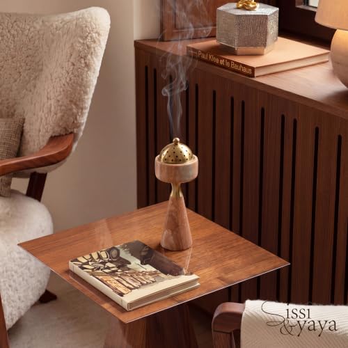 Sissi & yaya Marble Incense Burner with Brass Cover, 11 x 3.8 inches, Multi-Purpose Holder for Cones, Coils and Sticks (Light Brown) - color: Light Brown