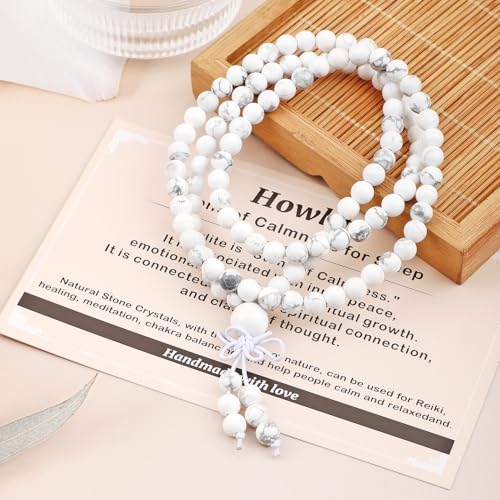 AD Beads 6mm 8mm 108 Prayer Mala Jasper Elastic Bracelet - Handmade Yoga Meditation Healing Power Energy Gifts for Unisex Adult. - color: Howlite(Calmness)