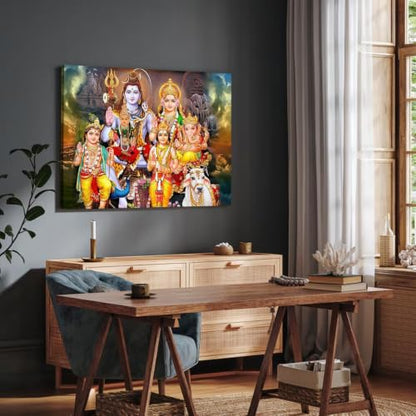 Shiva Family Canvas Wall Art Hindu Deity Poster (Framed,28x40 inch) - size: 28x40 inch