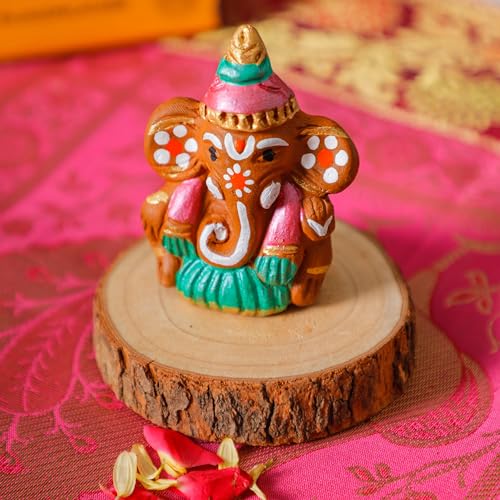 Desi Favors Terracotta Ganesha Murti | Hindu Lord Ganesha Idol Statue | Diwali Gifts Small Ganesh for Car Dashboard Decor | Indian God Figurine Home Mandir Pooja Wedding Gift - 3x2.5 Inch (Pack of 1) - style: Terracotta Ganesha Murti