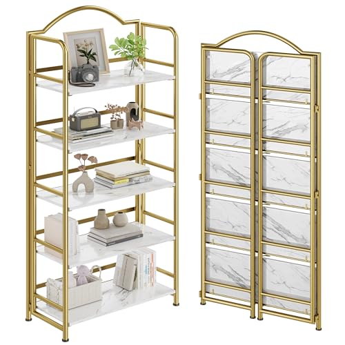 Gold Folding Bookshelf 5 Tiers, No Assembly,Vintage Storage Rack,White&Gold - color: White&gold-2, size: 5-tier
