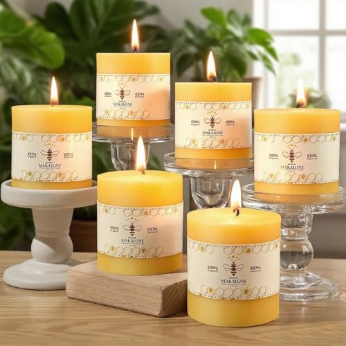 Natural Beeswax Pillar Candles,Non Toxic,2.8x3 inch,6 Pack,270 H Long Burn - color: Yellow, size: 2.8x4inch