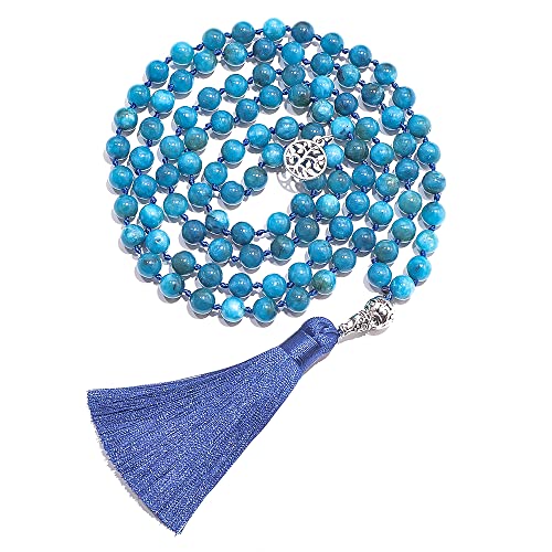 108 Mala Prayer Beads Necklace Natural Stones Meditation Yoga Jewery 108 Hand Knotted Japa Mala Beaded Long Tassel Necklace with Tree of Life Pendant for Men and Women - color: Blue Apatite