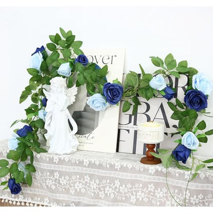 GREENTIME 2Pack 6.5FT Mixed Blue Artificial Flower Garland Fake Rose Vines - color: Light Sapphire Blue