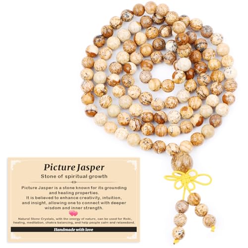 AD Beads 6mm 8mm 108 Prayer Mala Jasper Elastic Bracelet - Handmade Yoga Meditation Healing Power Energy Gifts for Unisex Adult. - color: Picture Jasper(Spiritual)