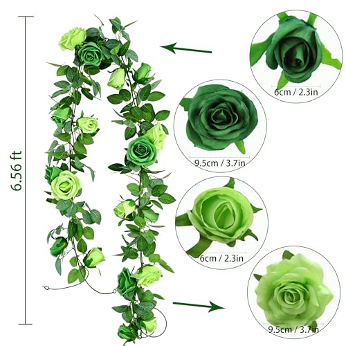 GREENTIME 2Pack 6.5FT Mixed Green Artificial Flower Garland Fake Rose Vines - color: Light Emerald Green
