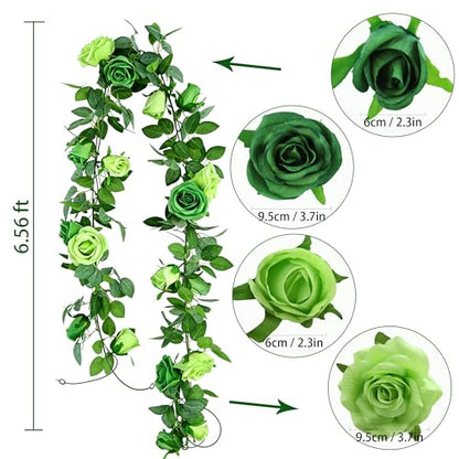GREENTIME 2Pack 6.5FT Mixed Green Artificial Flower Garland Fake Rose Vines - color: Light Emerald Green