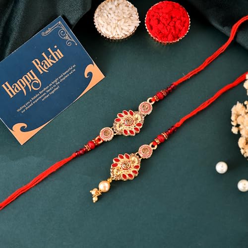 Premium Designer Bhaiya Bhabhi Rakhi Set with Lumba, Greeting Card, Roli Chawal & Fridge Magnet - color: Design-1