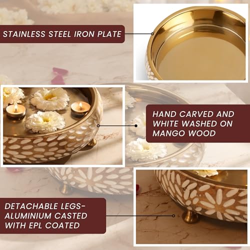 RITUALISTIC Vrinda Handcarved Wooden Urli Bowl (11.5 inches) | Mango Wood with Floral Sacred Carving & Detachable Legs | Floating Candles, Flowers & Festive Décor | Diwali Housewarming Premium Gift - style: Vrinda Wooden Urli