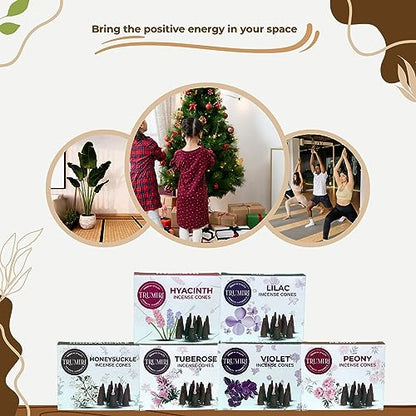 TRUMIRI Blossom Incense Cones - Variety Pack - Total 60 Cone Incense (6 Scents x 10 Conos) - Peony, Lilac, Violet, Honeysuckle, Hyacinth, Tuberose - Cone Incense Scents - Insense Cones - Incent Cone - color: Blossom