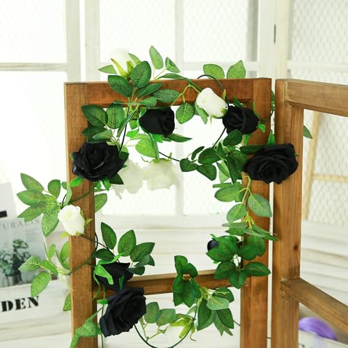 GREENTIME 2Pack 6.5FT Black White Artificial Flower Garland Fake Rose Vines - color: Black White