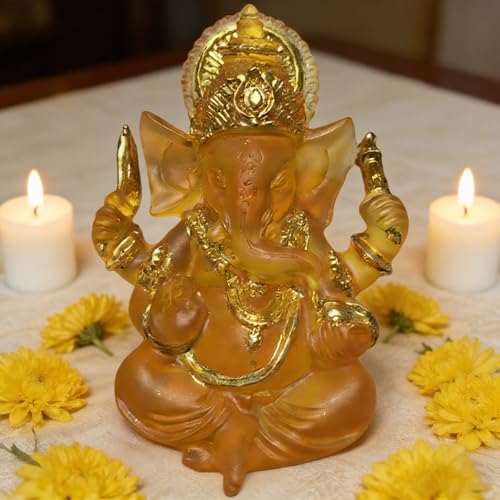 Indian God Lord Ganesha Statue,Orange Lmitation Glass Hindu Elephant Statue Ganpati Idol Buddha Sculptures,Hindu Gift,Home Temple Mandir Meditation Yoga Room Decor 3.55" - color: Orange, size: 3.55"
