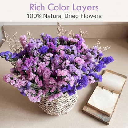 Preserved Forget Me Not & Natural Dried Purple Statice Flowers with Rattan Basket, Rustic Farmhouse Bouquet, Long Lasting Floral Centerpiece for Dining Table Home Decor Living Room