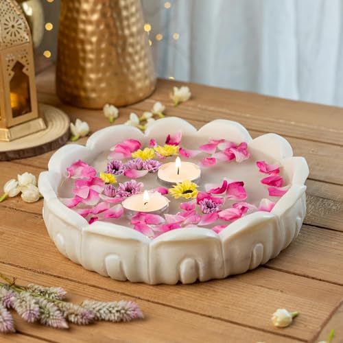 RITUALISTIC Padma Makrana Marble Urli Bowl (23×23×5 cm) | Natural White Marble with Lotus Design | Floating Candles & Flower Décor | Pooja Room Living Room Festive Display | Diwali Housewarming Gift - style: Padma Marble Urli