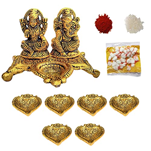 Wonder Care Ganesha Lakshmi Statue Sculpted in Great Detail in Ivory Antique Finish Metal Diya for Diwali Pooja Oil Lamp- Ganesh Idol for Car | Home Decor | Mandir | Gift | Hindu God Idol