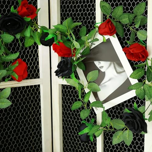 GREENTIME 2Pack 6.5FT Black Red Artificial Rose Garland Fake Rose Vines - color: Black Red