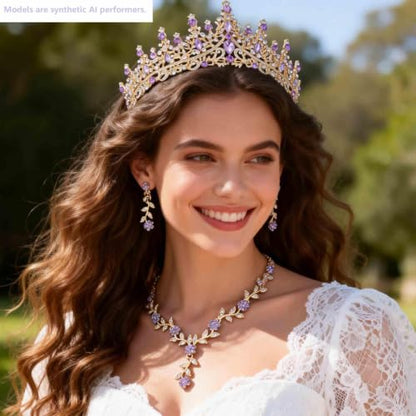 Kamirola Tiaras and Crowns for Women,Tiaras Earrings Necklace, Crystal Bridal Jewelry Set (TR48) - color: Gold Purple