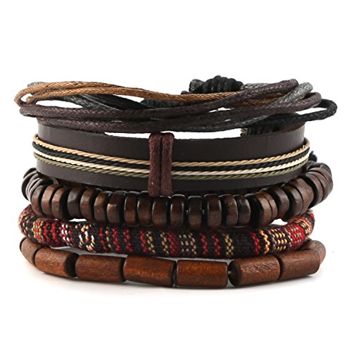 HZMAN Handmade Hemp Cords Wood Beads Leather Bracelets for Men Women - style: Classic Style