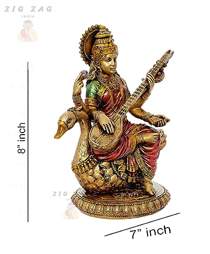 zig zag Maa Saraswati Devi Idol Statue Goddess of Knowledge, Music MATA Saraswati Figurine for School, Office, Home (Multicolor, 8 Inches)