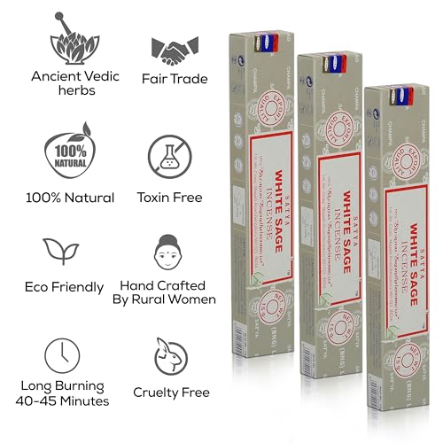 Satya Nagchampa White Sage Incense Sticks, Satya Bng (Bangalore) Insenses 15gmx3 Pack (45 GMS) with Raajsee Incense Holder Bundle, Satya Nagchampa Natural Incense - color: White Sage