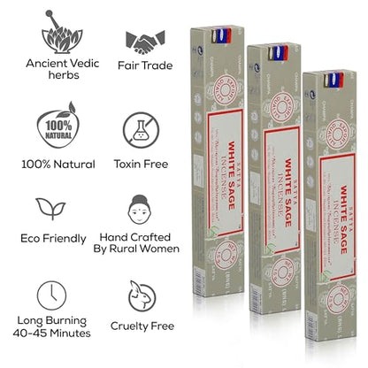 Satya Nagchampa White Sage Incense Sticks, Satya Bng (Bangalore) Insenses 15gmx3 Pack (45 GMS) with Raajsee Incense Holder Bundle, Satya Nagchampa Natural Incense - color: White Sage