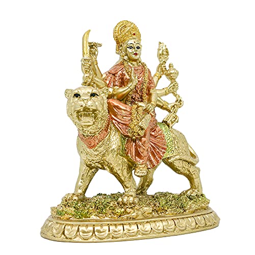 alikiki Hindu Goddess Small Durga Statue - 5.7" H Indian God Durga on Tiger Figurine Hinduism Idol Home Office Temple Puja Sculpture Mandir Murti Diwali Pooja Gifts Meditation Altar Shrine Decor