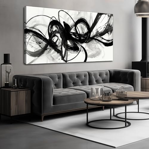 Abstract Wall Art Black and White Swirl Lines Canvas Prints 29"x58" - color: black, size: 29"L x 58"W
