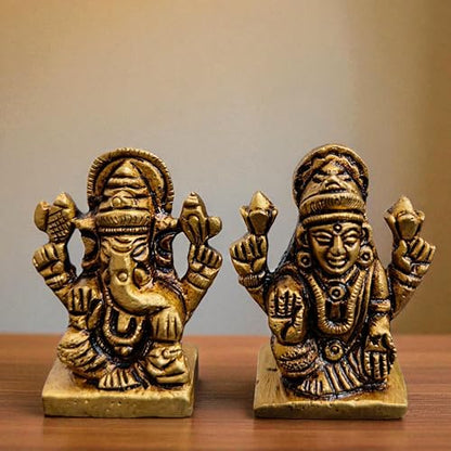 Brass Laxmi Ganesh Idol Pair 1.5 Inch Height, 120 Gram | Hindu Religious Figurine Murti Statue for Diwali, Home Temple, Office, Workplace & Festive Decor Showpiece