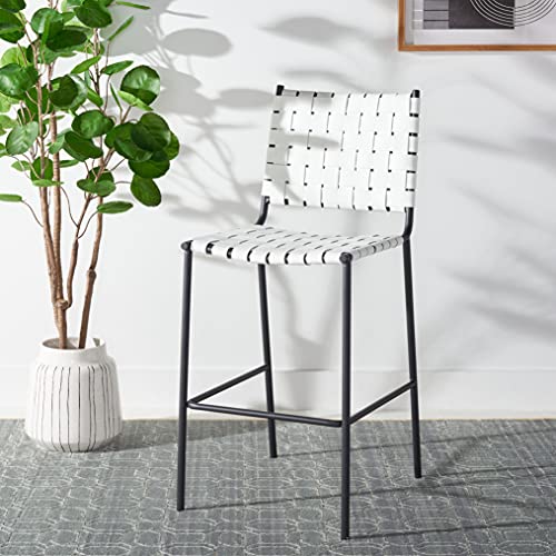 SAFAVIEH Home Collection Bahari White Woven Leather/Black 26-inch Kitchen Island Breakfast Nook Counter Stool (Fully Assembled) - color: White/Black