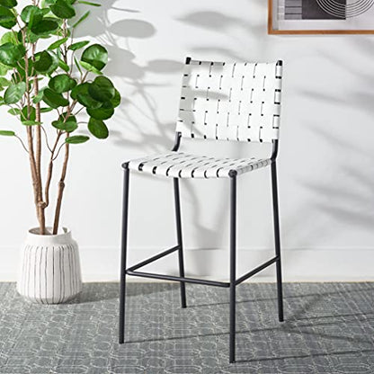 SAFAVIEH Home Collection Bahari White Woven Leather/Black 26-inch Kitchen Island Breakfast Nook Counter Stool (Fully Assembled) - color: White/Black