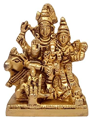 Purpledip Brass Idol Shiva with Parvati, Ganesha, Karthikeya and Nandi: Vintage Statue for Home Temple (10382A)