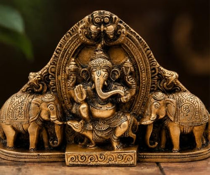 Brass Lord Ganesha with Elephant Statue, Handmade Ganesh Idol, Hindu Home Temple Decor, Vastu Feng Shui Figurine, Housewarming Gift
