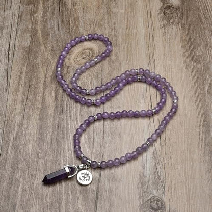 Natural Japa Mala 108 Beads Bracelet Necklace Meditation Accessories with om Chram and Reiki Quartz Hexagonal Prism Pendant (Amethyst), 6mm