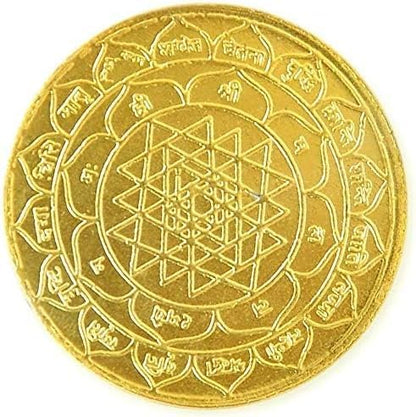 Laxmi Ganesh Gold Plated Brass Coiin Set, Goddess Lakshmi and Lord Ganesha with Sri Yantra, Diwali Puja Dhanteras Gift, Pack of 21