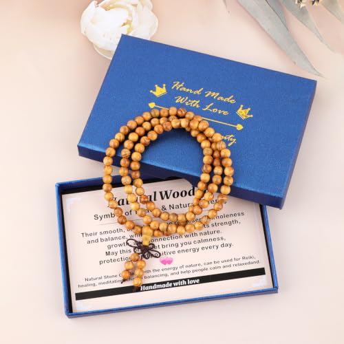 AD Beads 6mm 8mm 108 Prayer Mala Jasper Elastic Bracelet - Handmade Yoga Meditation Healing Power Energy Gifts for Unisex Adult. - color: Gold Sandal wood (Peace)