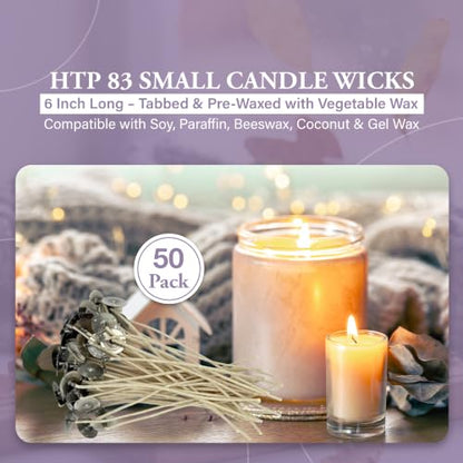 HTP 83 6 Inch Candle Wicks, 50 Count Pre-Waxed Pre-Tabbed - size: 50 HTP - 83
