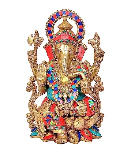 Liv Brass Ganesha Statues Idol, Lord Brass Ganesh Statue 12.5 inch Large, Easter Decor House Warming Gifts Religious Sculptures Return Home Temple - color: Golden Finish