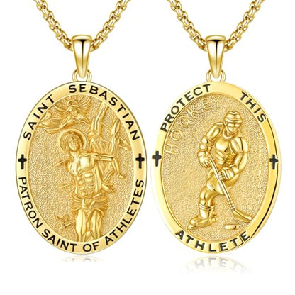 Silver/14K Gold Patron Saint Medal Amulet Necklace for Men Women - color: Gold, style: 22A-St Sebastian Hockey